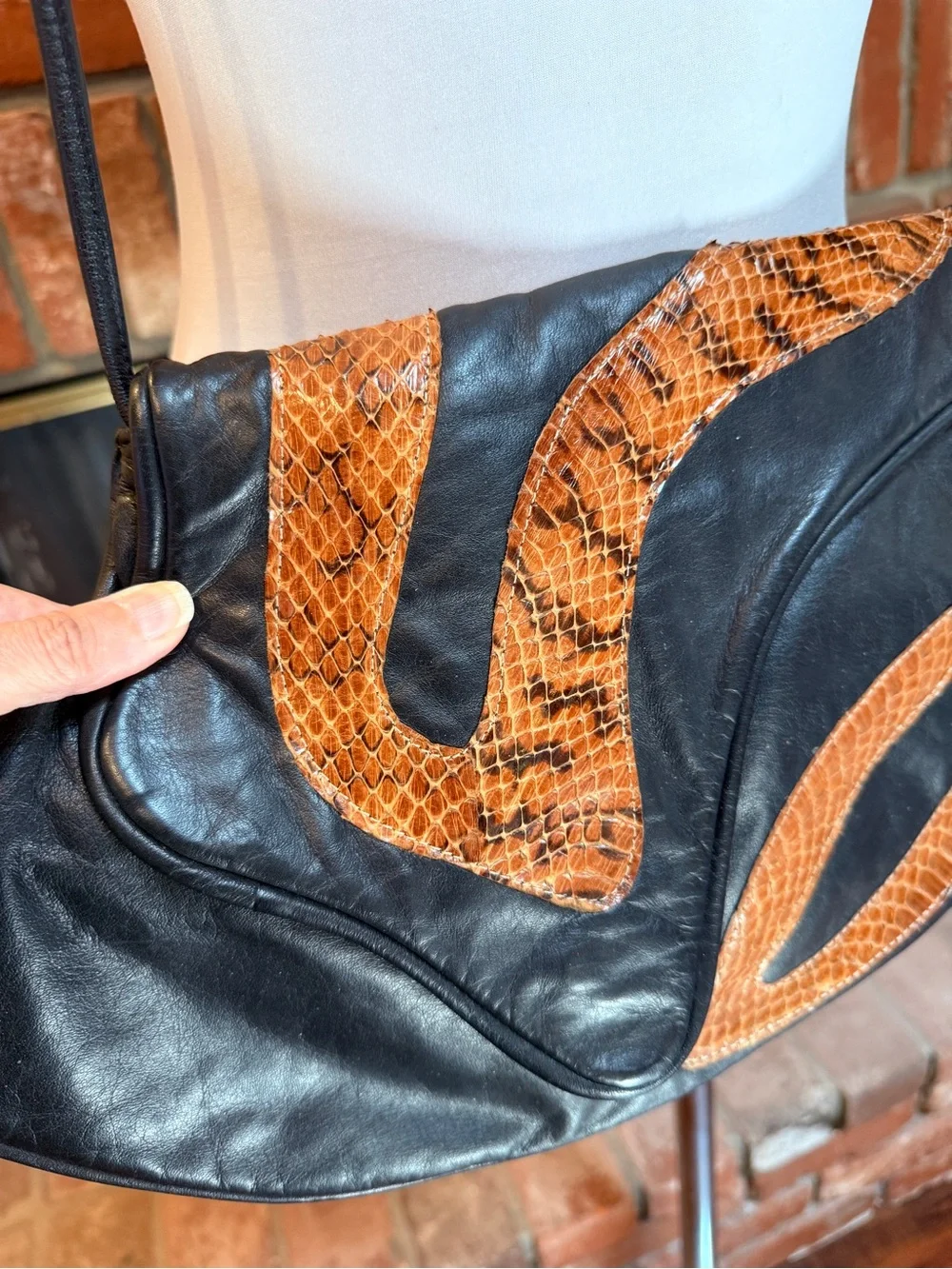 Vintage Black Soft Leather Shoulder Bag Snakeskin Inlay Slouch Hobo Boho Artisan